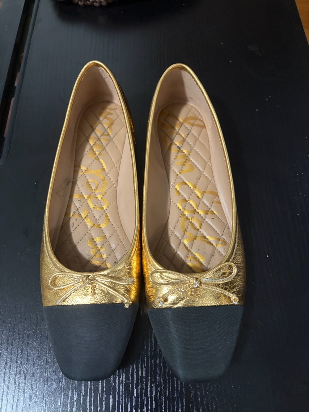 Gold and Black Women’s Bow-Accent Ballet Flats